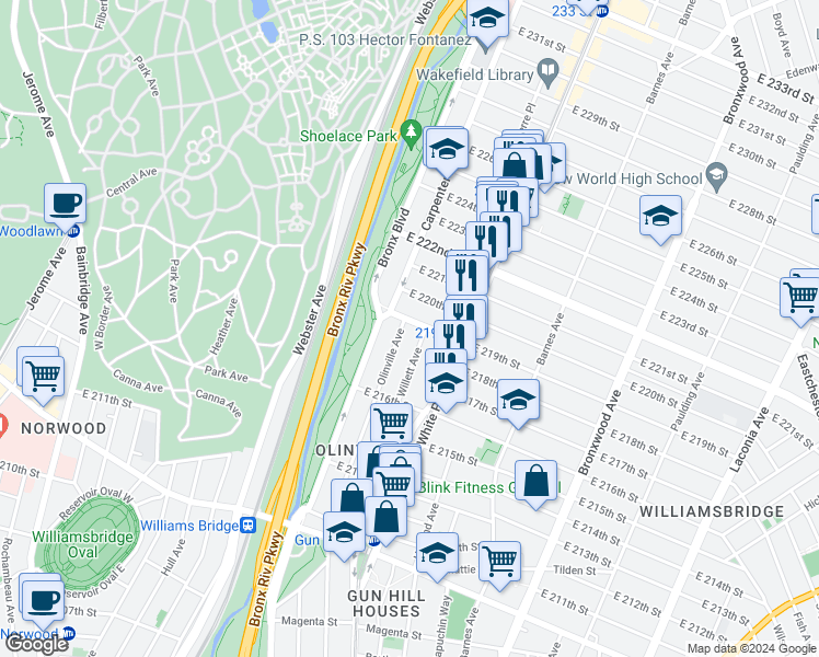 map of restaurants, bars, coffee shops, grocery stores, and more near 3779 Willett Avenue in Bronx