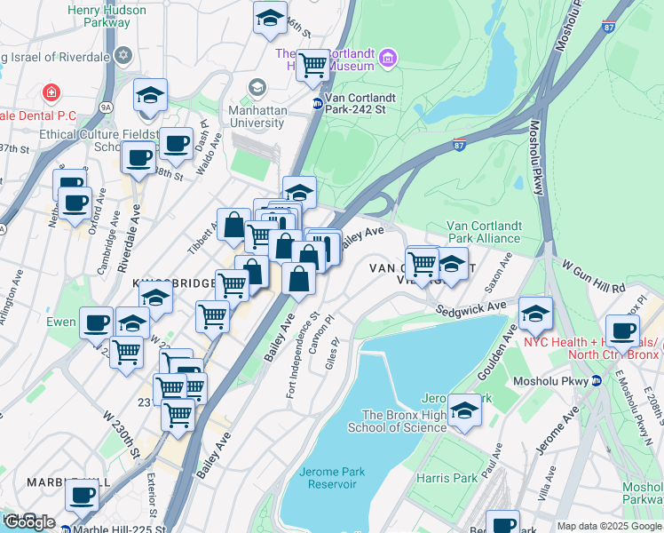 map of restaurants, bars, coffee shops, grocery stores, and more near 3804 Bailey Avenue in Bronx