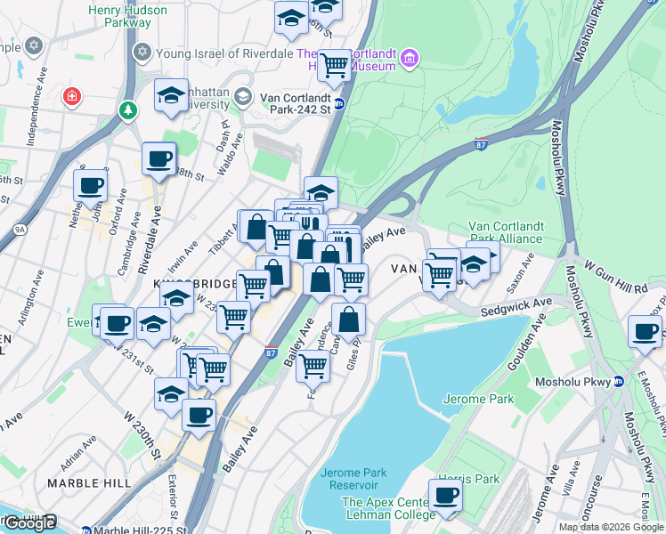 map of restaurants, bars, coffee shops, grocery stores, and more near 140 West 238th Street in Bronx