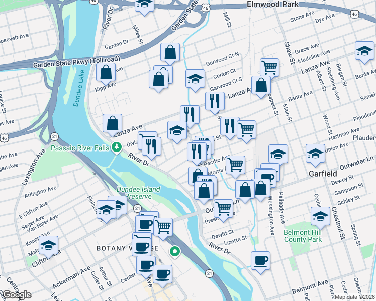 map of restaurants, bars, coffee shops, grocery stores, and more near 56 Market Street in Garfield