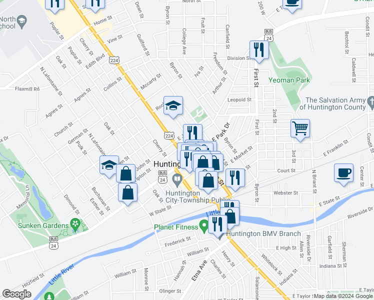 map of restaurants, bars, coffee shops, grocery stores, and more near in Huntington