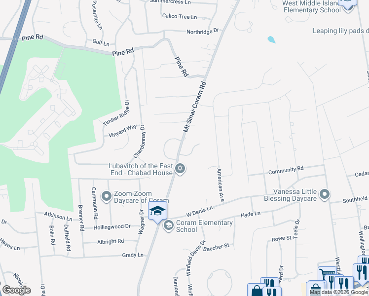 map of restaurants, bars, coffee shops, grocery stores, and more near 101 Mount Sinai-Coram Road in Coram