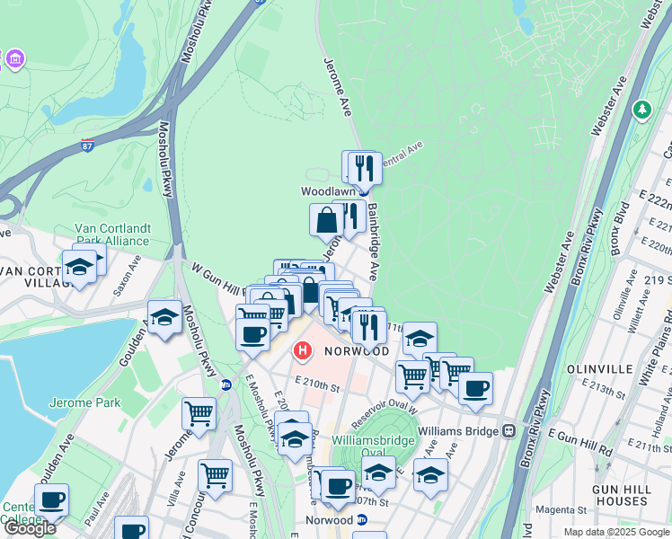 map of restaurants, bars, coffee shops, grocery stores, and more near 3563 Dekalb Avenue in The Bronx