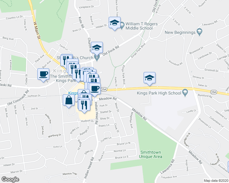 map of restaurants, bars, coffee shops, grocery stores, and more near 70 East Main Street in Kings Park