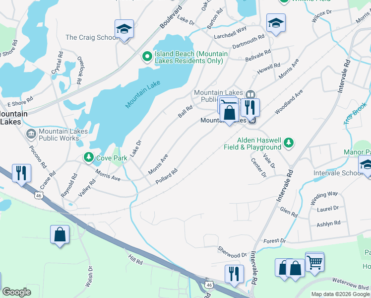 map of restaurants, bars, coffee shops, grocery stores, and more near 43 Pollard Road in Mountain Lakes