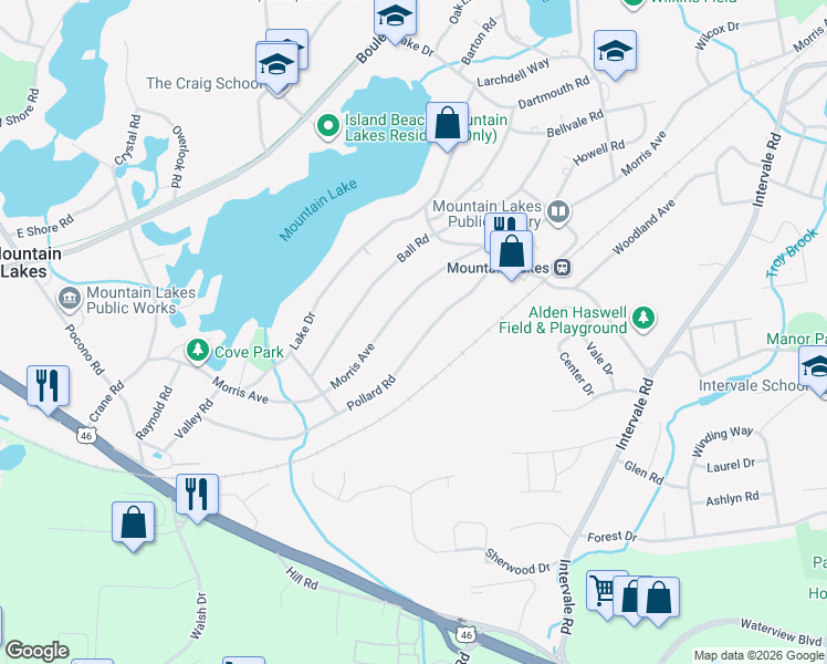 map of restaurants, bars, coffee shops, grocery stores, and more near 43 Pollard Road in Mountain Lakes