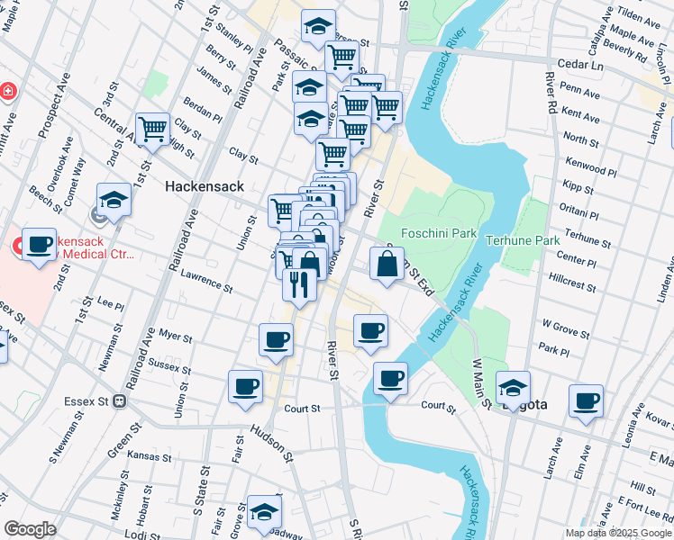map of restaurants, bars, coffee shops, grocery stores, and more near 190 Moore Street in Hackensack