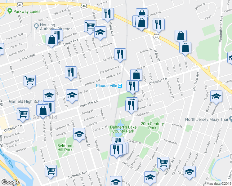 map of restaurants, bars, coffee shops, grocery stores, and more near 351 Outwater Lane in Garfield