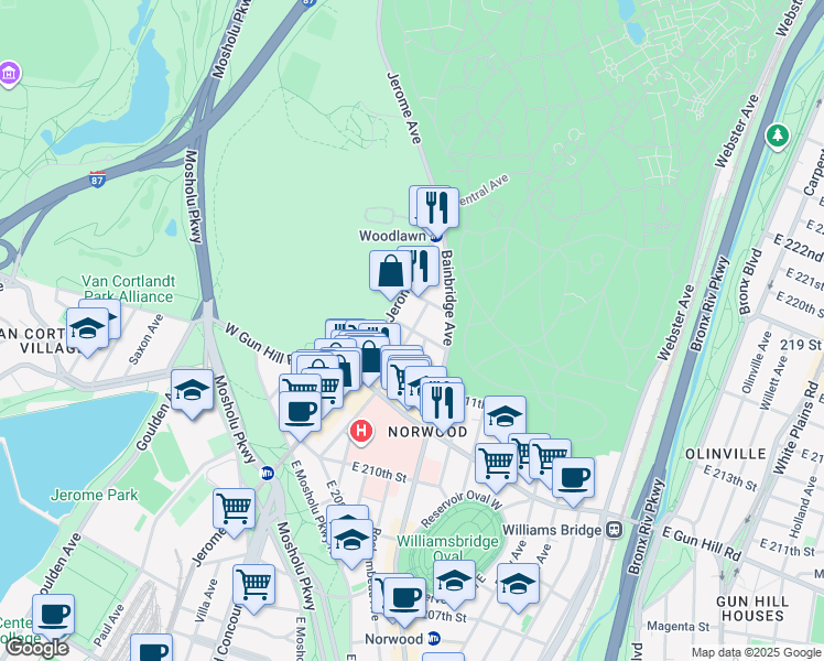 map of restaurants, bars, coffee shops, grocery stores, and more near Dekalb Ave & E 212th St in Bronx