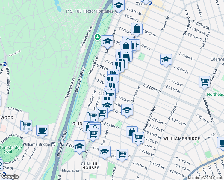 map of restaurants, bars, coffee shops, grocery stores, and more near 3813 White Plains Road in Bronx