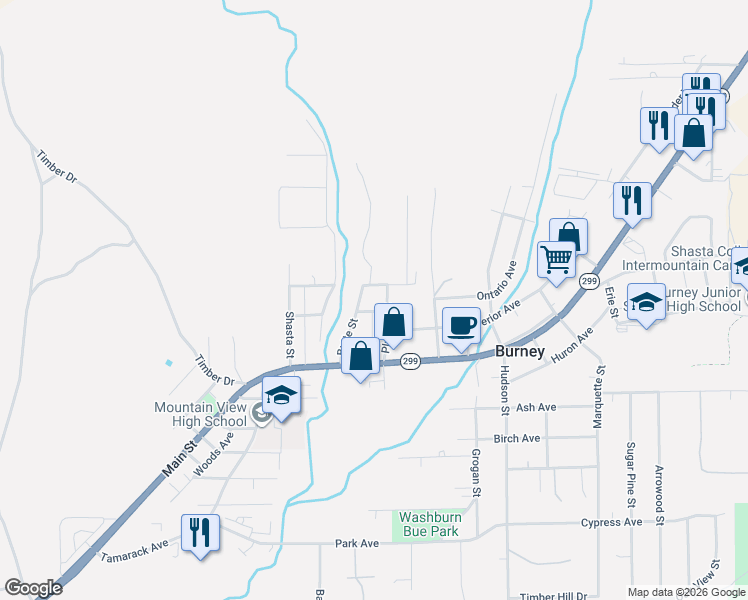map of restaurants, bars, coffee shops, grocery stores, and more near 37108 Trinity Street in Burney