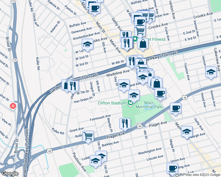 map of restaurants, bars, coffee shops, grocery stores, and more near 108 Vreeland Avenue in Clifton