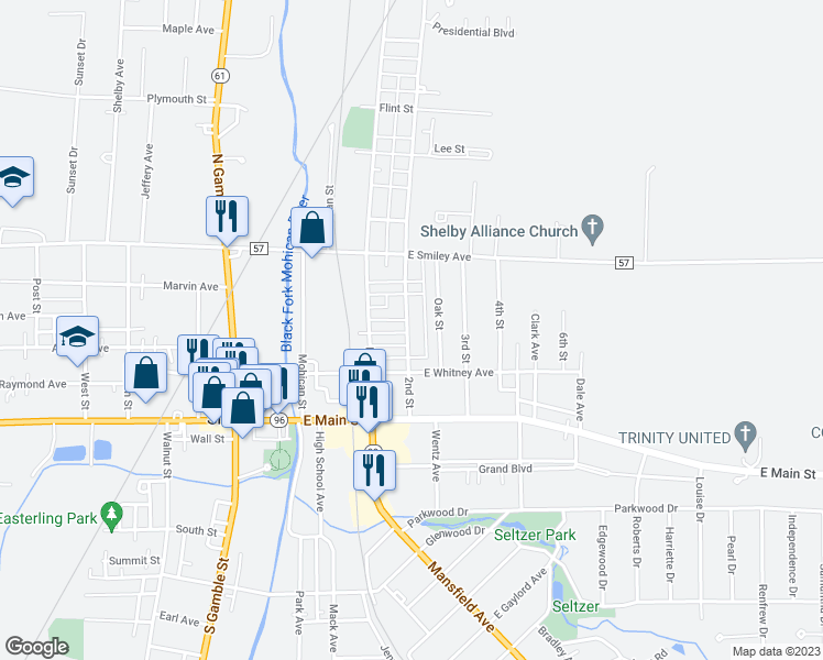 map of restaurants, bars, coffee shops, grocery stores, and more near 39 2nd Street in Shelby