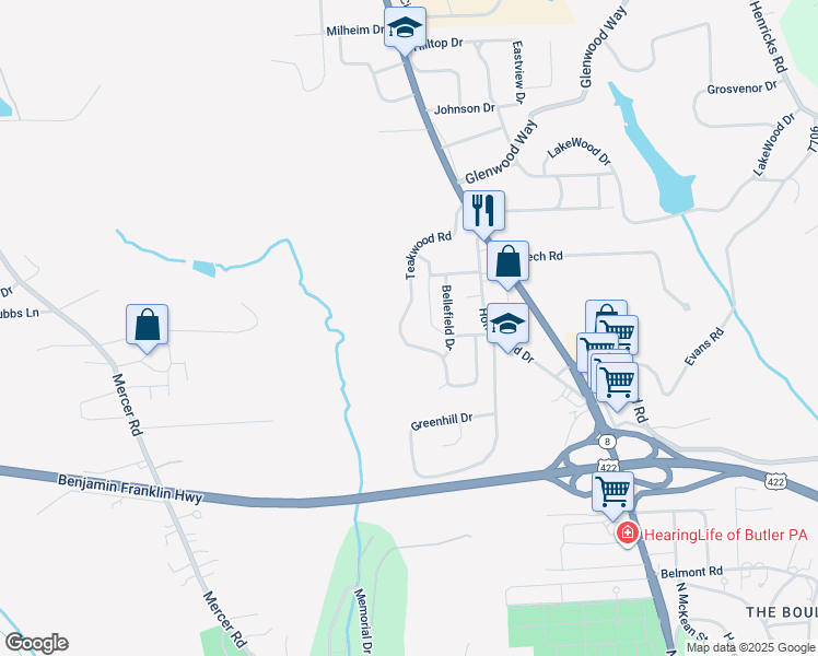 map of restaurants, bars, coffee shops, grocery stores, and more near 219 Beverly Way in Butler