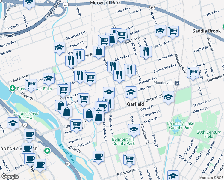 map of restaurants, bars, coffee shops, grocery stores, and more near 560 Palisade Avenue in Garfield