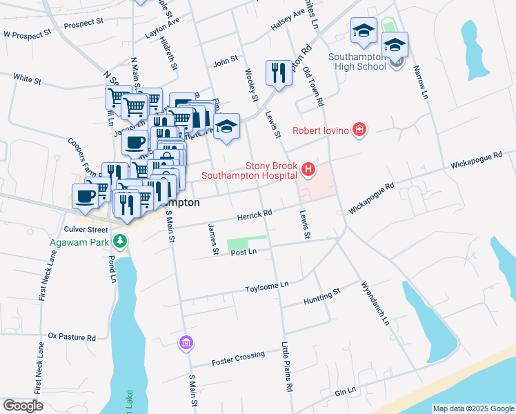 map of restaurants, bars, coffee shops, grocery stores, and more near 143 Herrick Road in Southampton