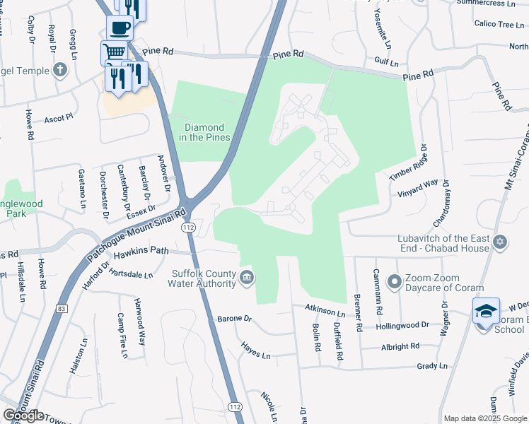 map of restaurants, bars, coffee shops, grocery stores, and more near 1318 Avalon Pines Drive in Coram