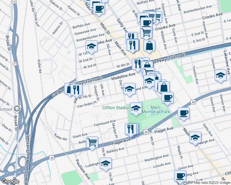 map of restaurants, bars, coffee shops, grocery stores, and more near 108 Vreeland Avenue in Clifton