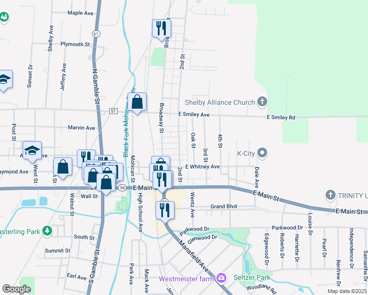 map of restaurants, bars, coffee shops, grocery stores, and more near 39 2nd Street in Shelby