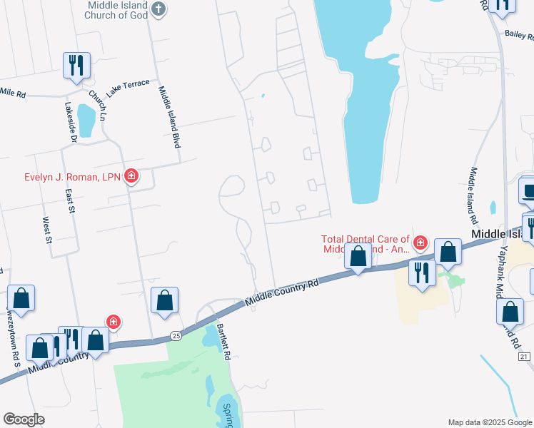map of restaurants, bars, coffee shops, grocery stores, and more near 804 Birchwood Park Drive in Middle Island