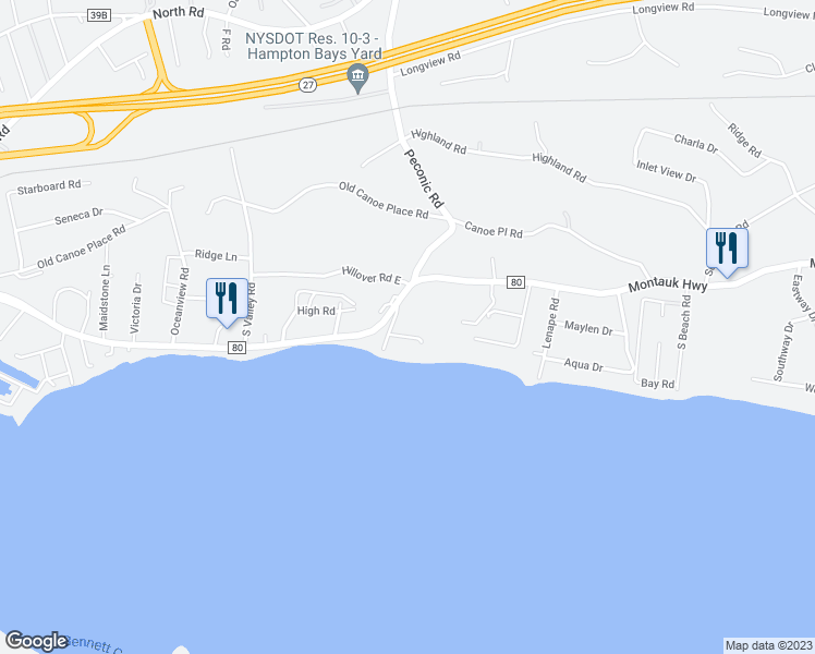 map of restaurants, bars, coffee shops, grocery stores, and more near 12 Peconic Road in Southampton