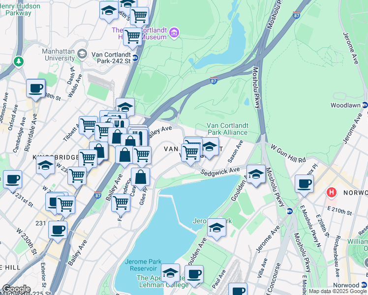 map of restaurants, bars, coffee shops, grocery stores, and more near 3915 Orloff Avenue in Bronx