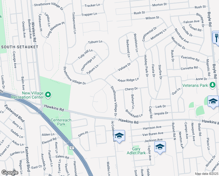 map of restaurants, bars, coffee shops, grocery stores, and more near 24 Strathmore Village Drive in Centereach
