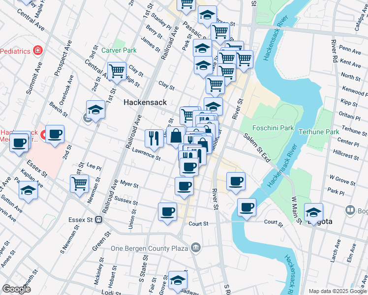 map of restaurants, bars, coffee shops, grocery stores, and more near 31 Mercer Street in Hackensack