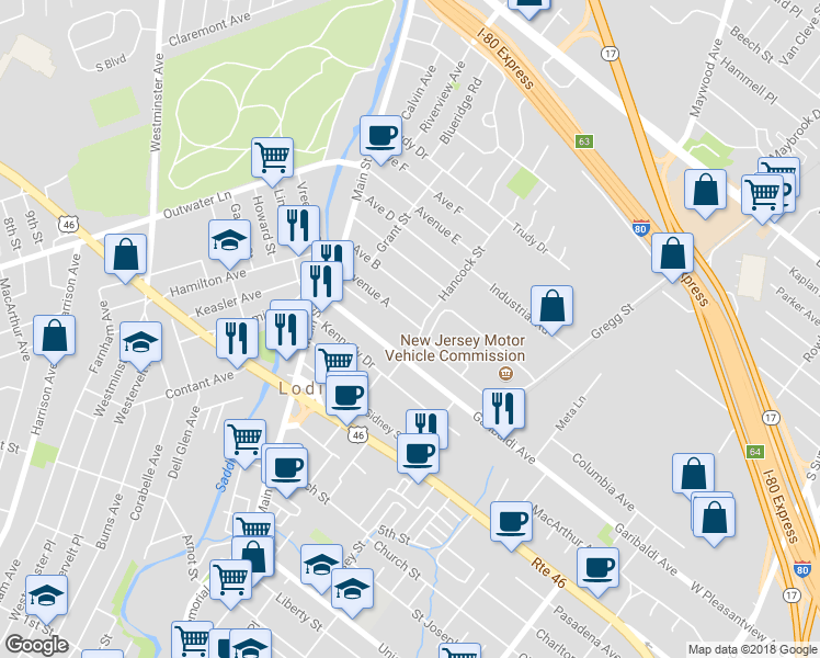map of restaurants, bars, coffee shops, grocery stores, and more near 82 Avenue A in Lodi
