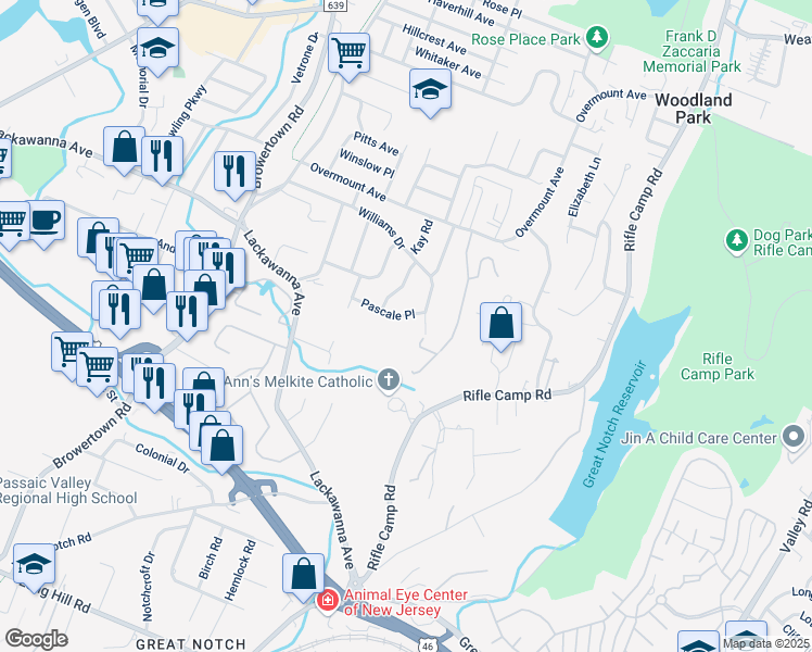 map of restaurants, bars, coffee shops, grocery stores, and more near 14 Pascale Place in Woodland Park