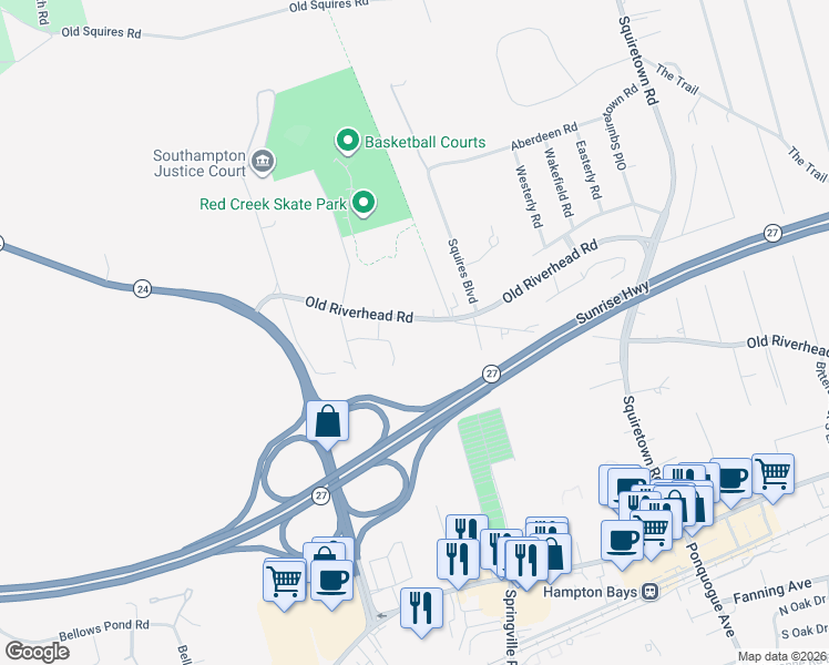 map of restaurants, bars, coffee shops, grocery stores, and more near 105 Old Riverhead Road in Hampton Bays