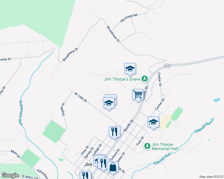 map of restaurants, bars, coffee shops, grocery stores, and more near 14 Alpine Lane in Jim Thorpe