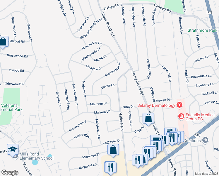 map of restaurants, bars, coffee shops, grocery stores, and more near 6 Manor Lane in Stony Brook