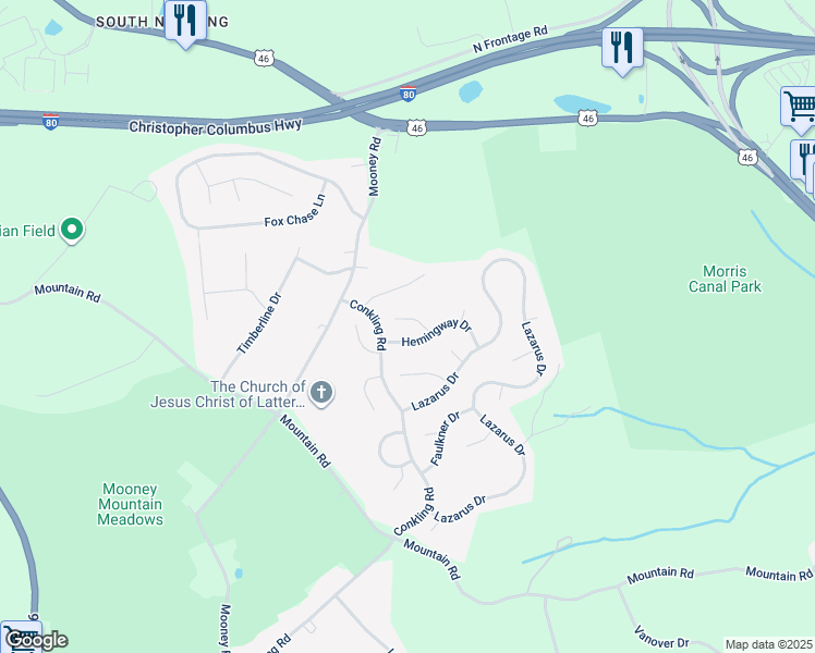 map of restaurants, bars, coffee shops, grocery stores, and more near 5 Bukiet Court in Roxbury Township
