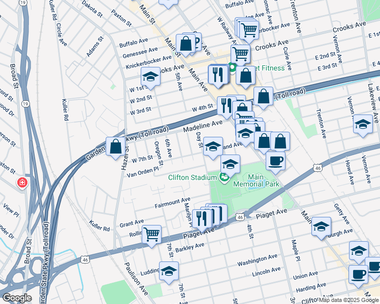 map of restaurants, bars, coffee shops, grocery stores, and more near 108 Vreeland Avenue in Clifton