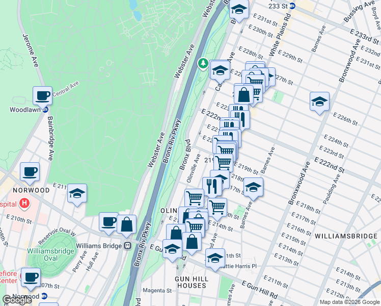 map of restaurants, bars, coffee shops, grocery stores, and more near 3764 Bronx Boulevard in The Bronx
