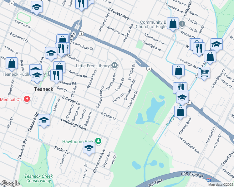 map of restaurants, bars, coffee shops, grocery stores, and more near 917 East Lawn Drive in Teaneck