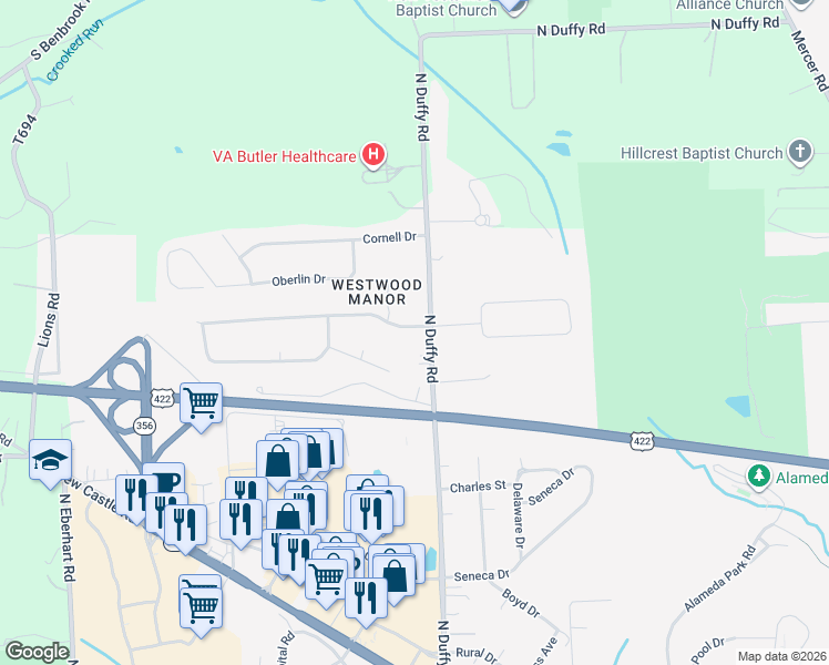 map of restaurants, bars, coffee shops, grocery stores, and more near 267 North Duffy Road in Butler