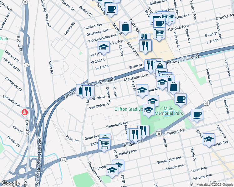 map of restaurants, bars, coffee shops, grocery stores, and more near 24 6th Avenue in Clifton