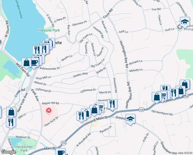 map of restaurants, bars, coffee shops, grocery stores, and more near 118 Abbott Drive in Halesite