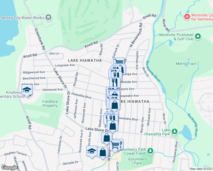 map of restaurants, bars, coffee shops, grocery stores, and more near 74 Iroquois Avenue in Parsippany-Troy Hills