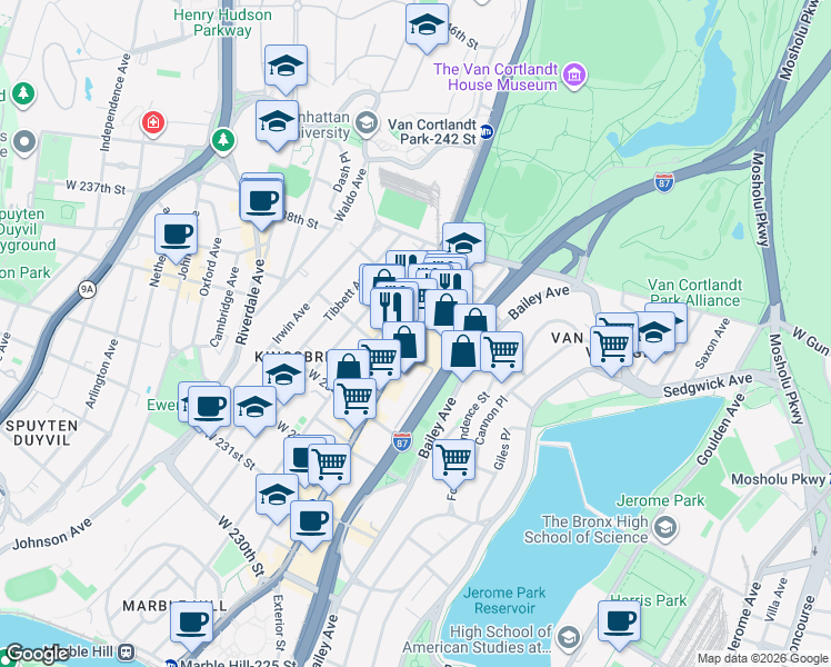 map of restaurants, bars, coffee shops, grocery stores, and more near 190 West 237th Street in Bronx