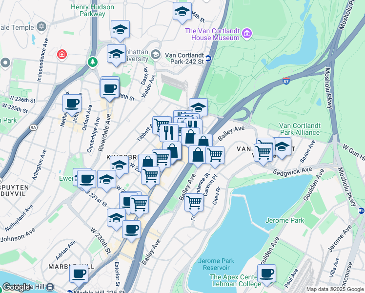 map of restaurants, bars, coffee shops, grocery stores, and more near 190 West 237th Street in The Bronx