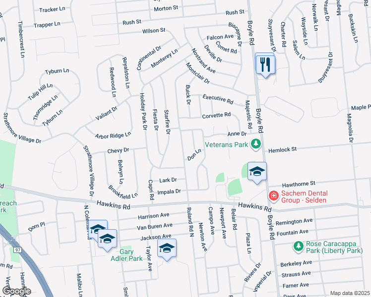 map of restaurants, bars, coffee shops, grocery stores, and more near 127 Ruland Road North in Selden