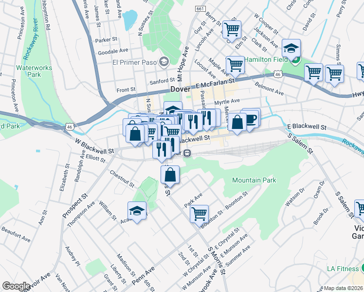 map of restaurants, bars, coffee shops, grocery stores, and more near 40 East Blackwell Street in Dover