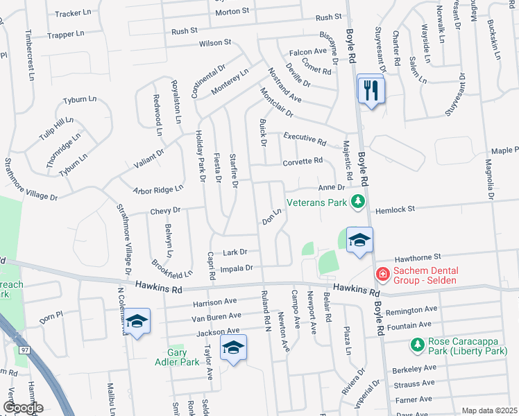 map of restaurants, bars, coffee shops, grocery stores, and more near 127 Ruland Road North in Selden