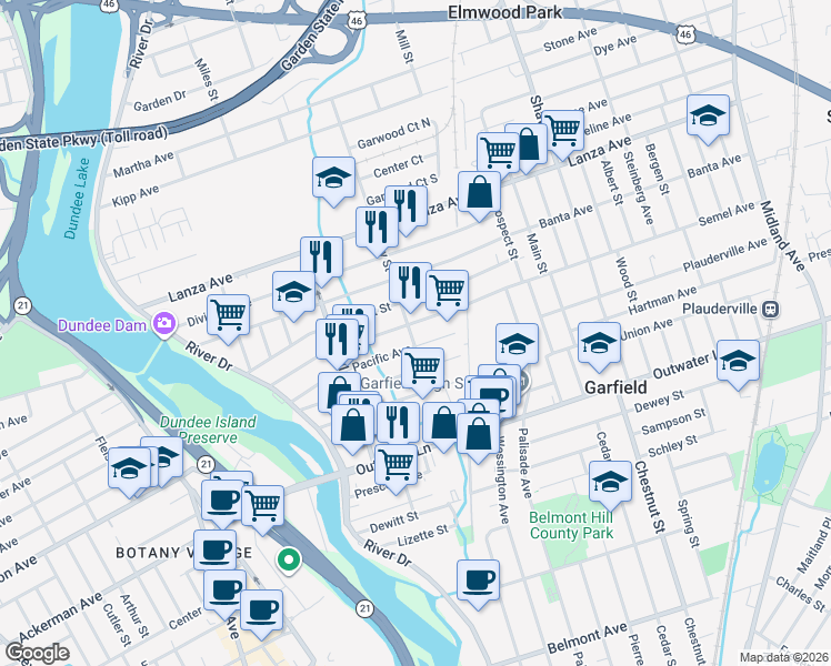 map of restaurants, bars, coffee shops, grocery stores, and more near 116 Ray Street in Garfield