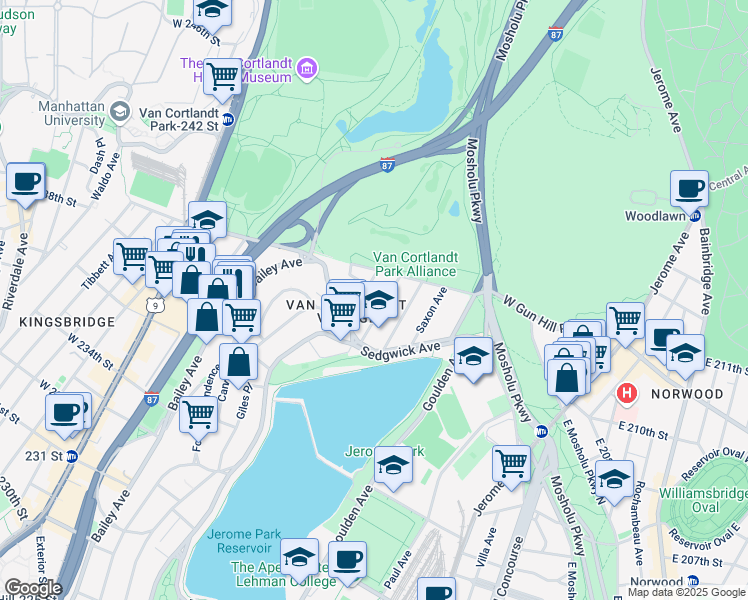 map of restaurants, bars, coffee shops, grocery stores, and more near 3985 Gouverneur Avenue in Bronx