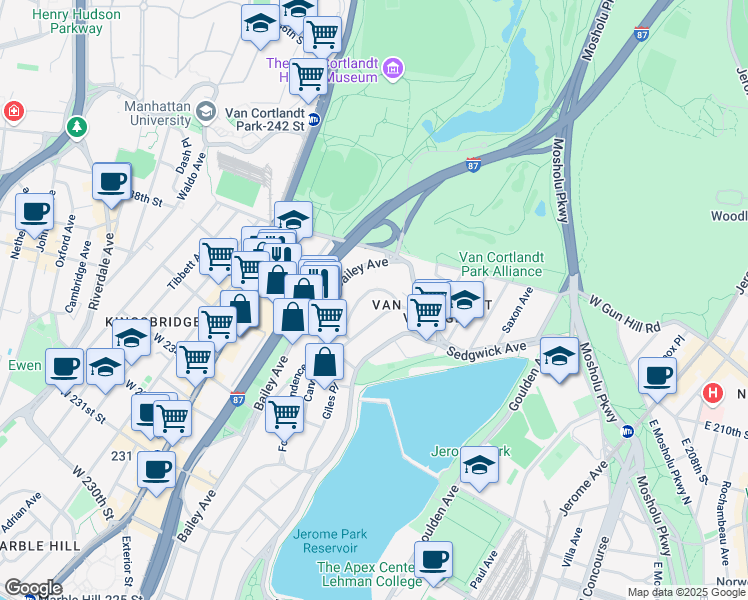 map of restaurants, bars, coffee shops, grocery stores, and more near 3866 Orloff Avenue in The Bronx