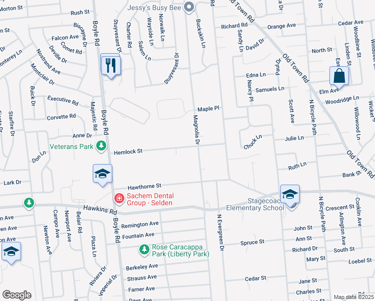 map of restaurants, bars, coffee shops, grocery stores, and more near 28 Hemlock Street in Selden